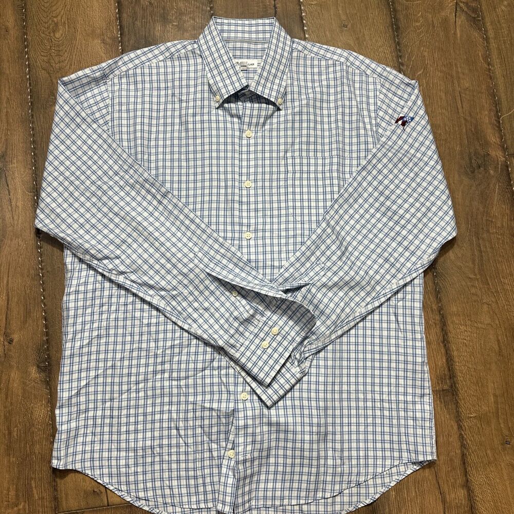 Peter Millar Men’s Blue Seaside Finish Long Sleeve Button Flag Logo Large